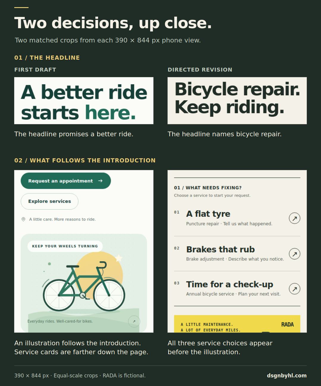 Matched mobile detail crops from both RADA versions. The headline changes from a broad promise to naming bicycle repair. Further down the same opening view, the revision shows repair choices where the first draft shows its illustration.