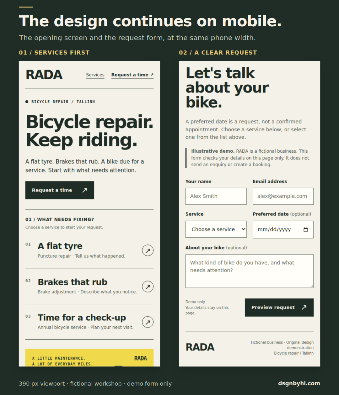 The RADA revision on a narrow screen, with repair choices before the illustration and a separately shown, labelled appointment demo form.