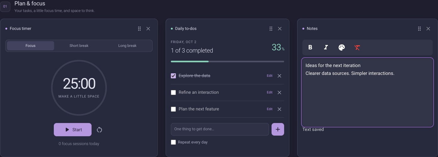 The dashboard's daily task list, focus timer and notes widgets